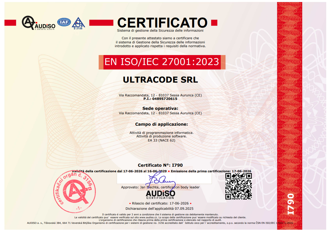 Certificato ISO 27001 di Ultracode S.r.l.